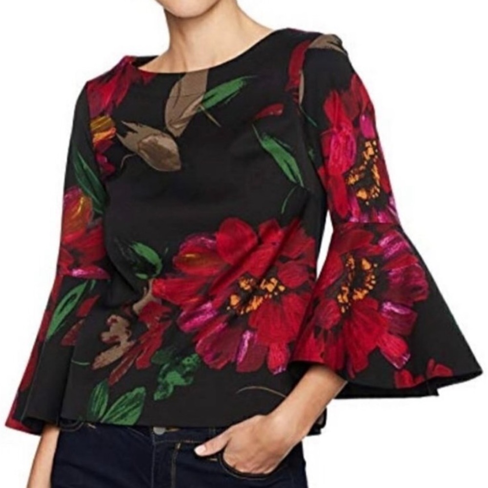 Trina Turk Splendid Floral Bell Sleeve Top Blouse Black Pink Size Small